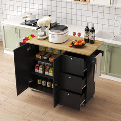 45.4" Black Rolling Kitchen Cart with Drop Leaf & Storage
