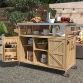 K&K Outdoor Kitchen Island - Farmhouse Solid Wood Grill Table with Stainless Steel Top, Natural