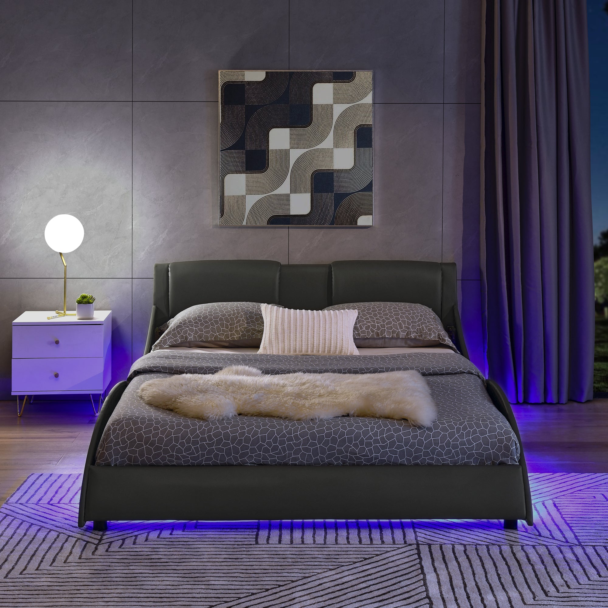 Queen Led Bed Frame Modern Faux Leather Upholstered Platform Bed Frame with RGB LED Lights and Headboard Wave Like Curve Low Profile Bed Frame,Wood Slats Support,Easy Assembly, Grey Queen Led Bed Frame Modern Faux Leather Upholstered Platform Bed Frame with RGB LED Lights and Headboard Wave Like Curve Low Profile Bed Frame,Wood Slats Support,Easy Assembly, Grey