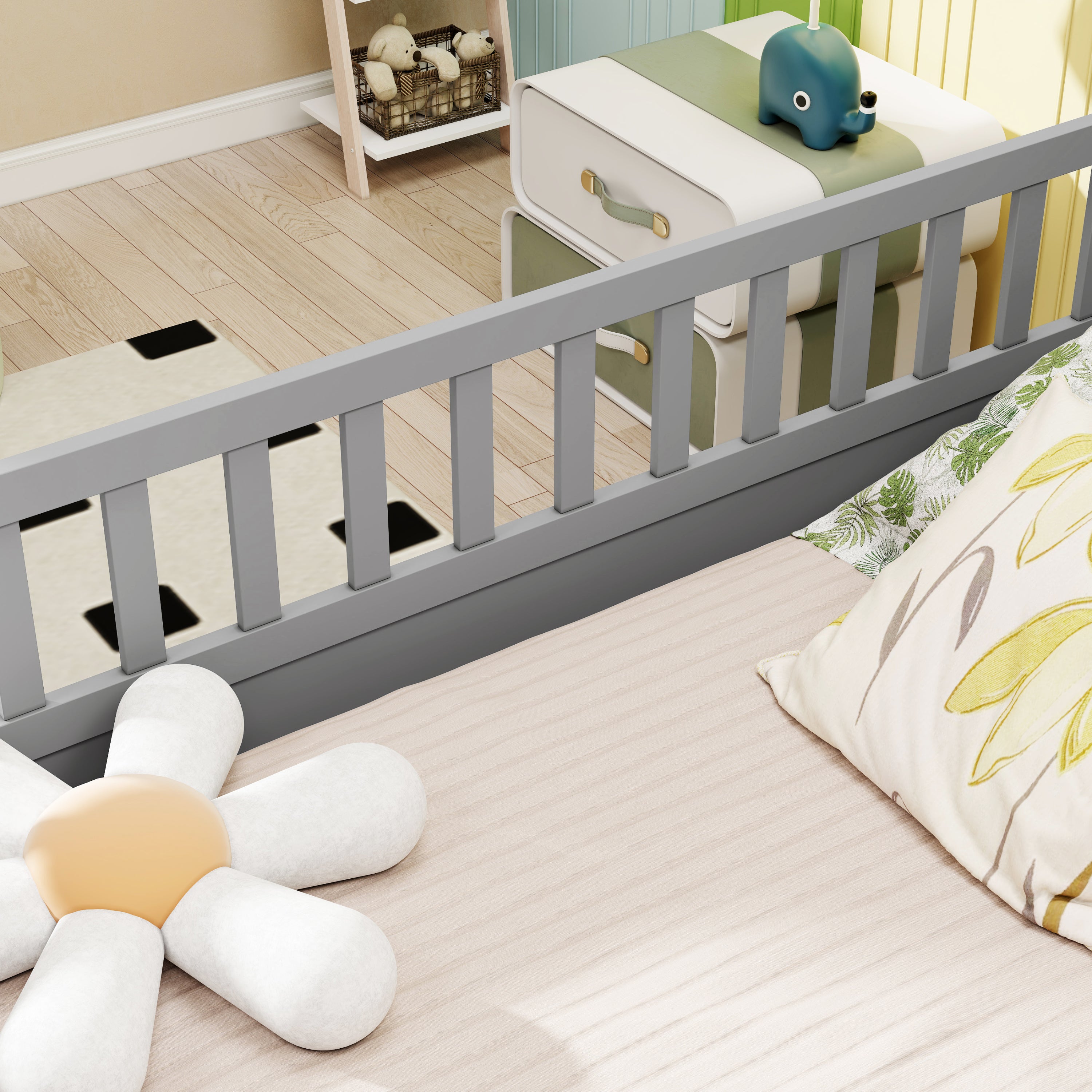 Full size  Floor bed, integral construction with super high security barrier, door, children's floor bed frame, Montessori wooden children's floor bed,  Grey Full size  Floor bed, integral construction with super high security barrier, door, children's floor bed frame, Montessori wooden children's floor bed,  Grey