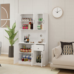 71" Kitchen Pantry Storage Cabinet with Microwave Oven Countertop, Freestanding Hutch Cabinet with Adjustable Shelves, 6 Doors and 1 Drawer-White