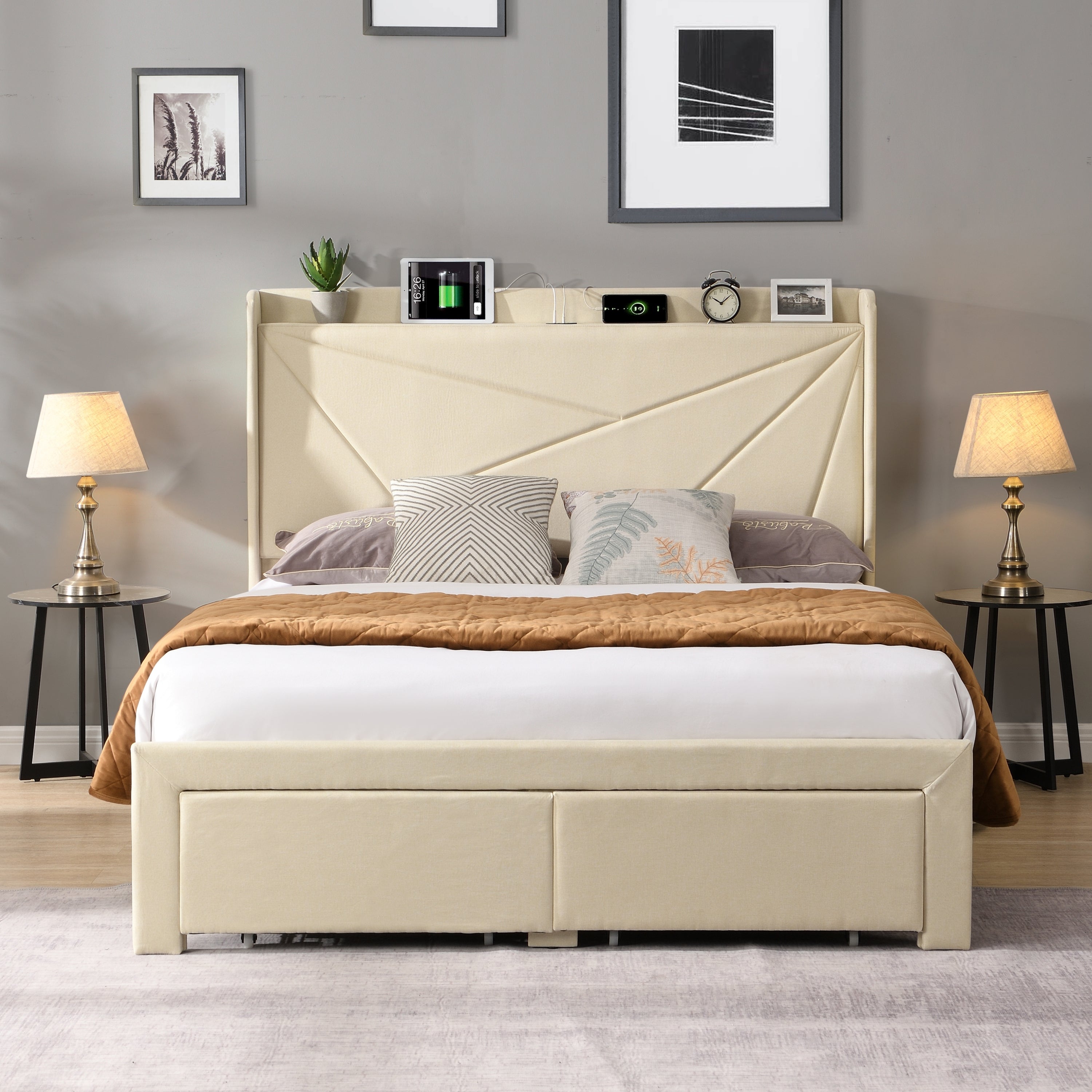 Full Upholstered Bed Frame with Storage Drawers & USB, Beige Full Upholstered Bed Frame with Storage Drawers & USB, Beige