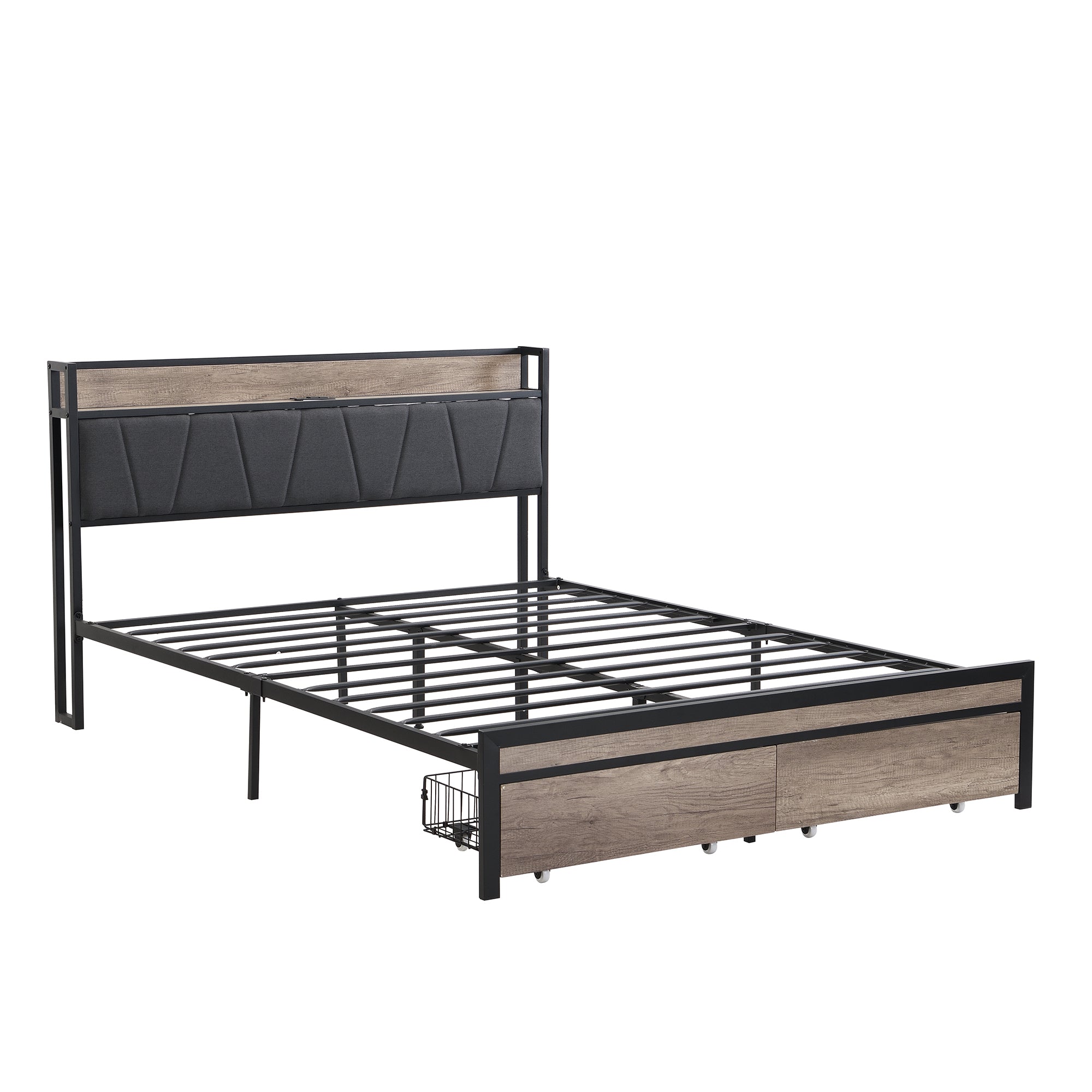 Queen Size  Metal Platform Bed Frame with upholstery storage function Headboard   and USB LINER  and Footboard with drawers , No Box Spring Needed, Large Under Bed Storage, Easy Assemble Queen Size  Metal Platform Bed Frame with upholstery storage function Headboard   and USB LINER  and Footboard with drawers , No Box Spring Needed, Large Under Bed Storage, Easy Assemble