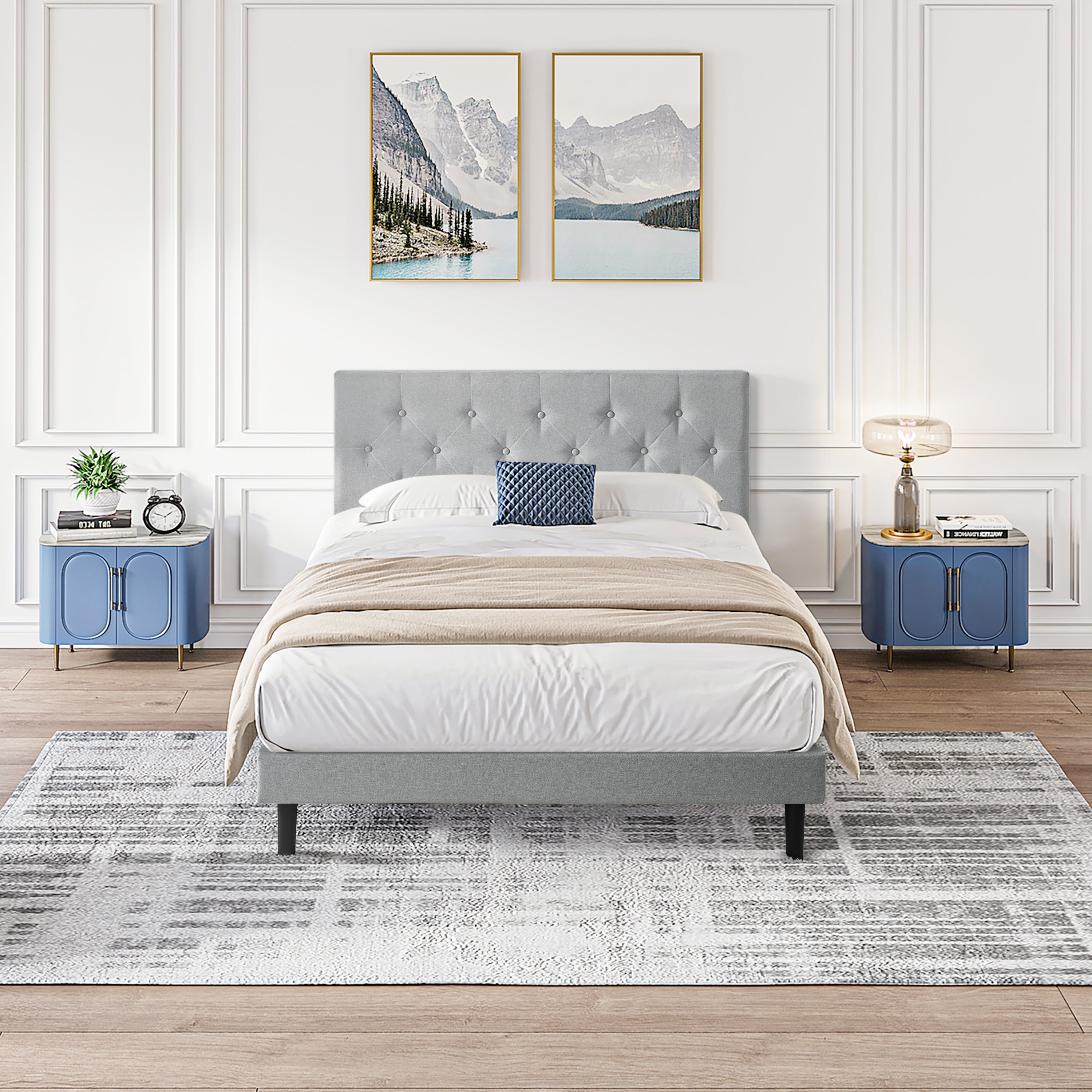Queen Size Upholstered Platform Bed Frame with Modern Button Tufted Linen Fabric Headboard, No Box Spring Needed, Wood Slat Support, Easy Assembly, Grey Queen Size Upholstered Platform Bed Frame with Modern Button Tufted Linen Fabric Headboard, No Box Spring Needed, Wood Slat Support, Easy Assembly, Grey