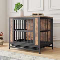 Wooden Dog Crate Table, 27.48" with Sliding Doors, Rustic Brown