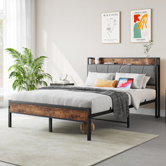 Full Bed Frame with Storage Headboard & Charging Station, Brown/Gray