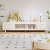 Stylish Beige Wood TV Cabinet with Glass Doors - Modern Solid Wood Entertainment Center fbby-1404