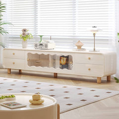 Stylish Beige Wood TV Cabinet with Glass Doors - Modern Solid Wood Entertainment Center fbby-1404