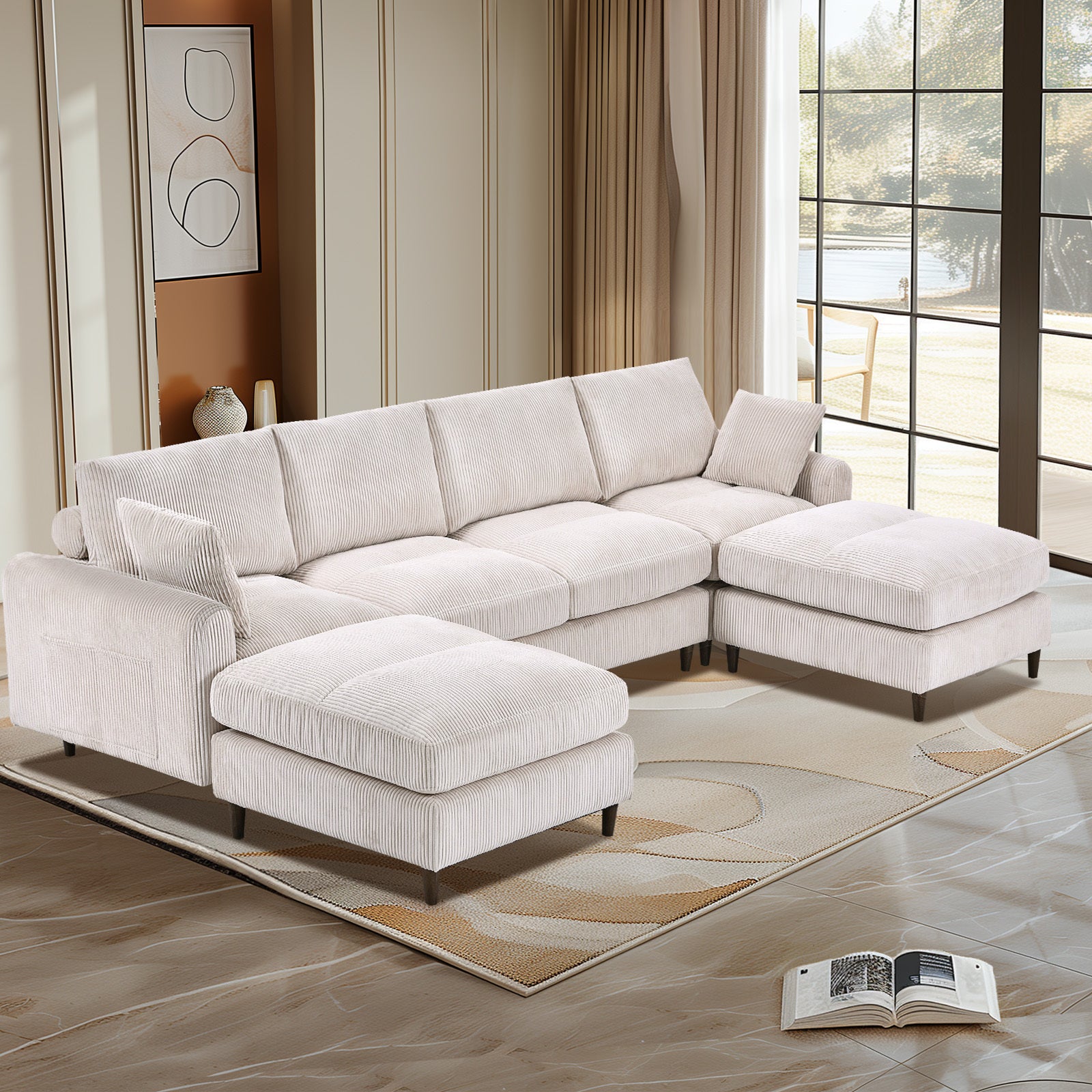 6-Seat Corduroy Modular Sofa, U/L Shape with Footstool – White