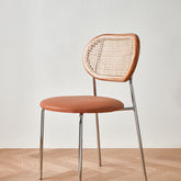 Stylish Ash Wood Dining Chair in Light Brown with Rattan Back and Faux Leather Seat fcp-1283