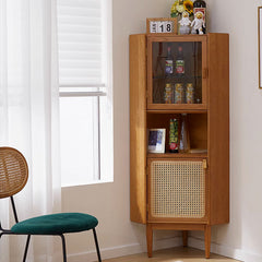 Elegant Natural Cherry Wood Cabinet with Glass Doors and Rattan Accents fcp-1306
