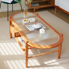 Natural Cherry Wood Coffee Table with Oval Glass Top - Handcrafted with Drawer Storage fcp-1320