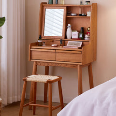 Elegant Natural Cherry Wood Makeup Vanity with Glass Top fcp-1321