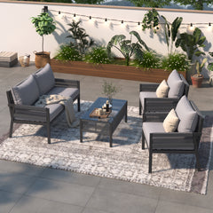 K&K 4-Piece Patio Conversation Set with Tempered Glass Table for Backyard in Gray