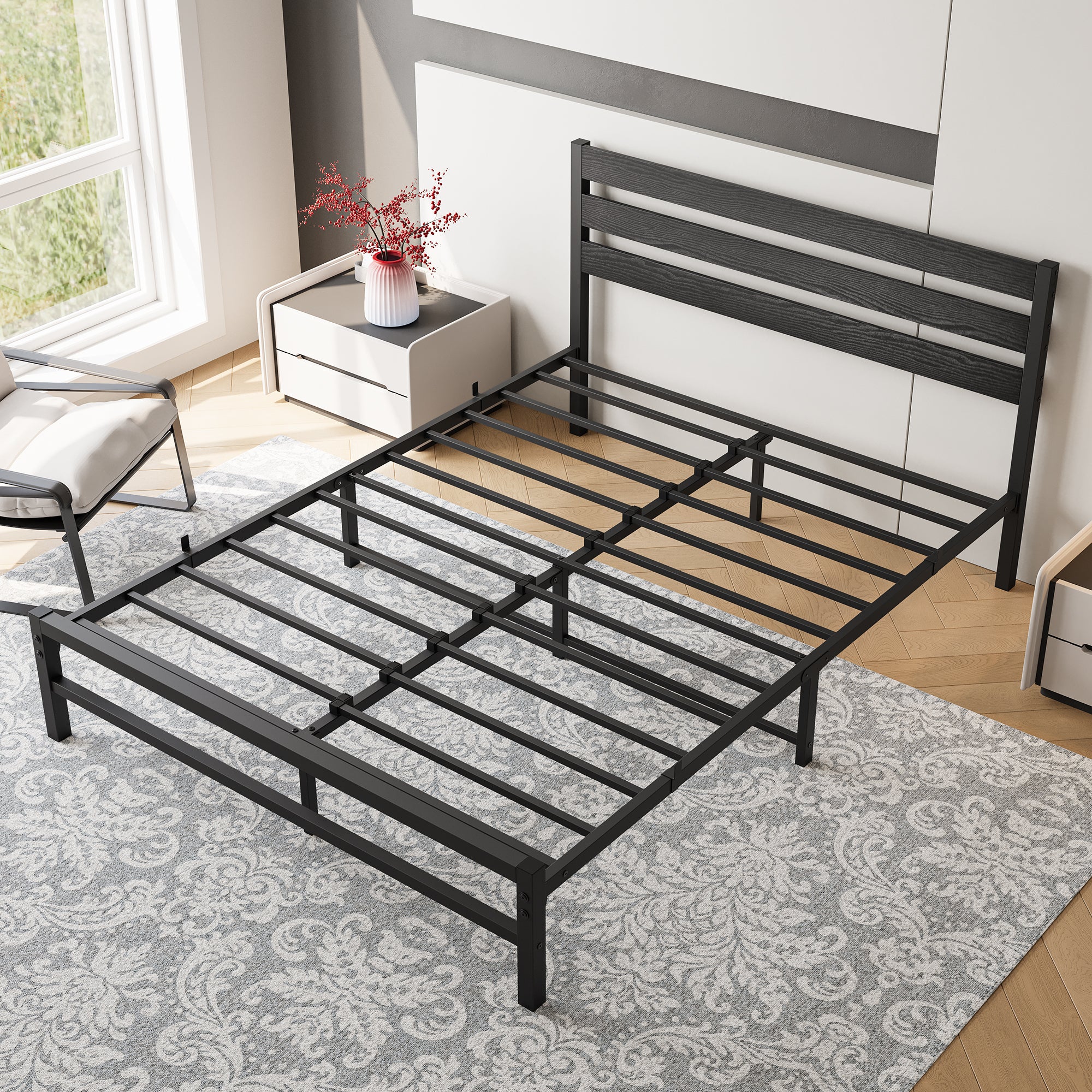 Queen Platform Bed Frame with Wooden Headboard, Black Queen Platform Bed Frame with Wooden Headboard, Black