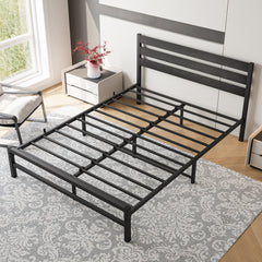 Queen Platform Bed Frame with Wooden Headboard, Black