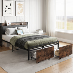 Full Bed Frame with Storage Headboard & 2 Drawers - Vintage Brown/Gray