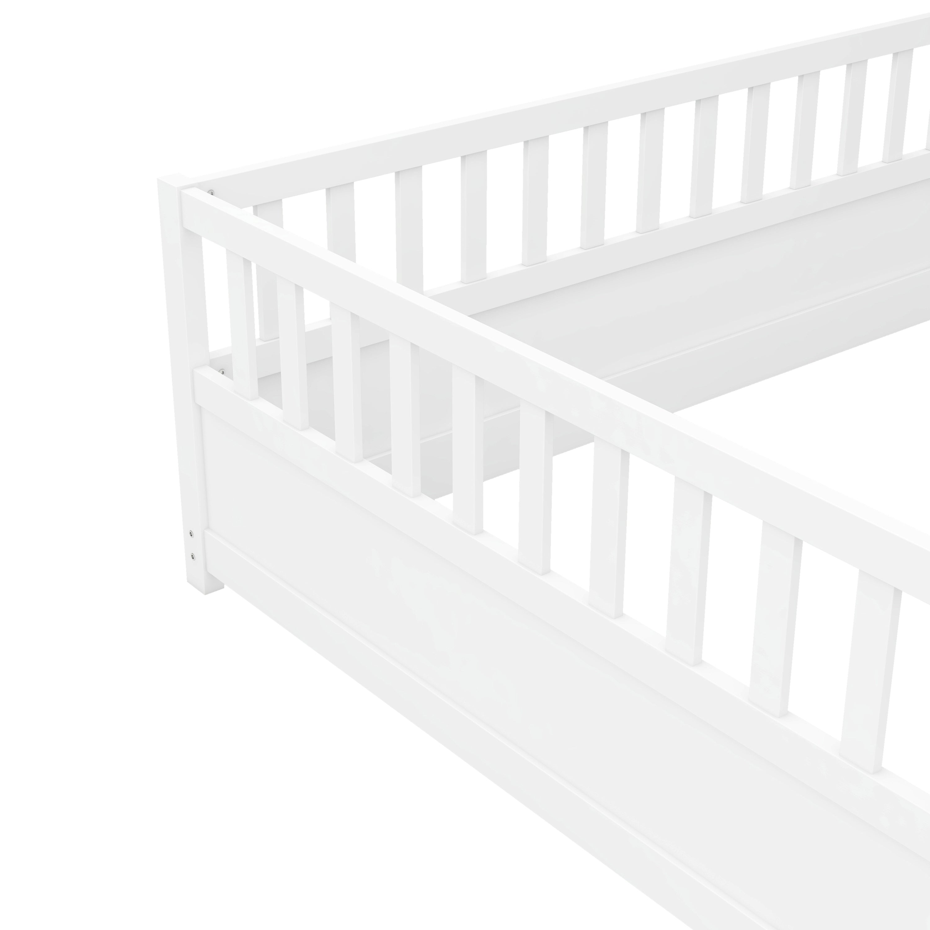 Full size  Floor bed, integral construction with super high security barrier, door, children's floor bed frame, Montessori wooden children's floor bed, white Full size  Floor bed, integral construction with super high security barrier, door, children's floor bed frame, Montessori wooden children's floor bed, white