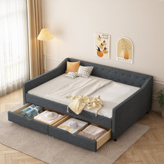 Full Size Daybed with Drawers Upholstered Tufted Sofa Bed, with Button on Back and Piping on Waved Shape Arms-Dark Grey