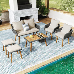K&K 6-Piece Patio Conversation Set with Acacia Wood Cool Bar and Chairs with Deep Cushions, Black & Beige
