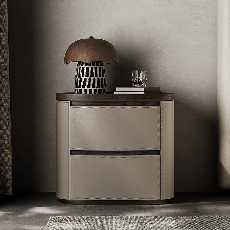 Elegant Bedside Cupboard with Sintered Stone Top and Synthetic Leather Finish - Modern Nightstand for Stylish Bedroom Decor fhx-4574