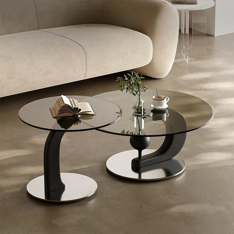 Stylish Tempered Glass Coffee Table Set with Ash Wood and Stainless Steel Base - Modern Living Room Accent Furniture fjd-4688