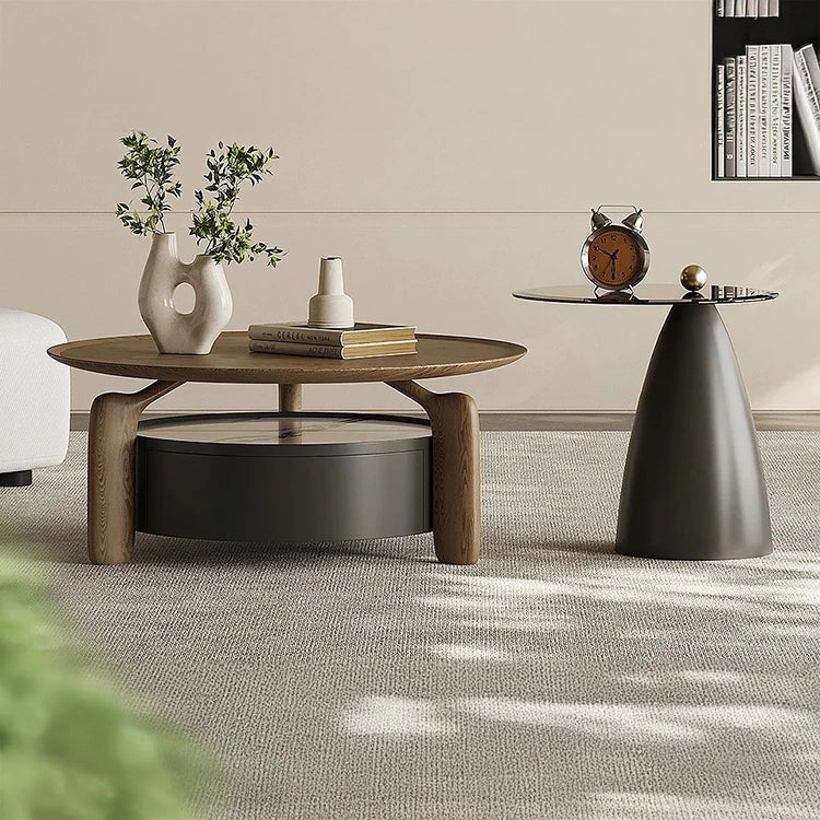 Elegant Sintered Stone Coffee Table with Pine Ash Wood and Tempered Glass - Modern Living Room Furniture with Storage Drawer fjd-4689