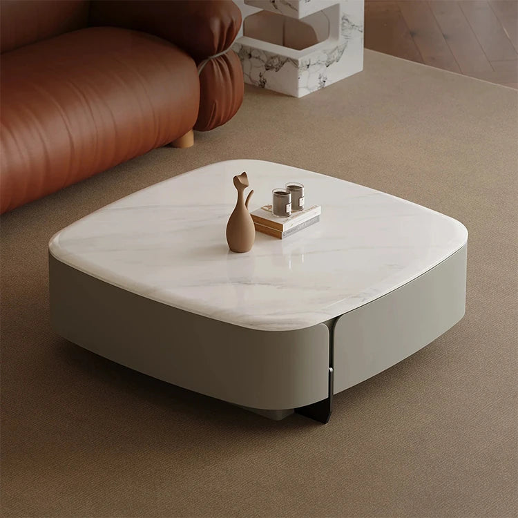 Modern Square Coffee Table in Stone Density Board with Stainless Accents - Elegant Living Room Centerpiece fjd-4691