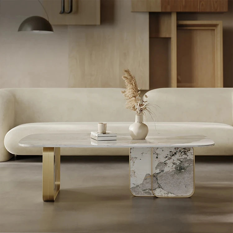 Sleek Sintered Stone Coffee Table with Stylish Stainless Glass Base – Modern Living Room Centerpiece fjd-4719