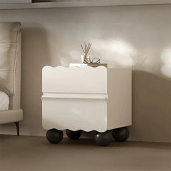 Chic White Bedside Cupboard with Stylish Scalloped Design and Black Ball Feet - Modern Density Board Pine Furniture fjd-4736