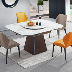 Square Extendable Dining Table with Rotatable Disc - Ceramic Top & Plywood Pedestal for 6-8 Seaters fjnl-1580