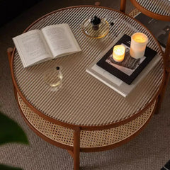 Cherry Wood & Rattan Coffee Table with Tempered Glass Top – Living Room Accent fpmxm-2780