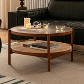 Cherry Wood & Rattan Coffee Table with Tempered Glass Top – Living Room Accent fpmxm-2780