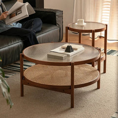 Cherry Wood & Rattan Coffee Table with Tempered Glass Top – Living Room Accent fpmxm-2780
