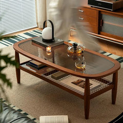 Stylish Cherry Wood & Boxwood Coffee Table with Tempered Glass Top fpmxm-2782