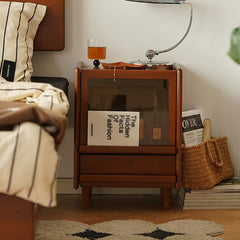 Cherry Wood Nightstand with Glass and Boxwood Accents - Elegant Design for Bedroom Storage fpmxm-2799