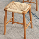 Handcrafted Cherry Wood Stool with Rattan Seat and Linen Cushion fyg-662