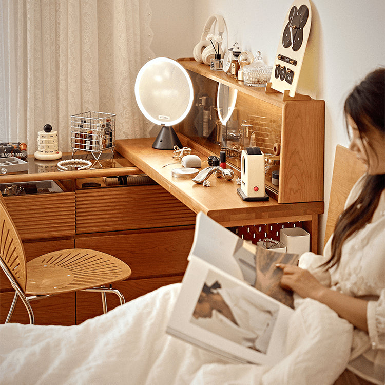 Elegant Cherry Wood Makeup Vanity with Multi-Layer Board and Glass Top fyg-670 Elegant Cherry Wood Makeup Vanity with Multi-Layer Board and Glass Top fyg-670
