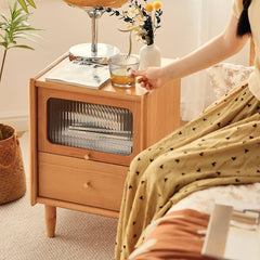 Elegant Nightstand with Glass Door - Cherry & Tung Wood Finish fyg-674