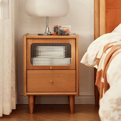 Elegant Nightstand with Glass Door - Cherry & Tung Wood Finish fyg-674