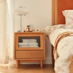 Elegant Cherry Wood Nightstand with Glass and Rattan Accents fyg-676