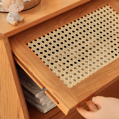 Elegant Cherry Wood Nightstand with Glass and Rattan Accents fyg-676