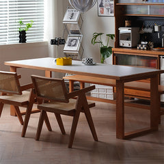 Rectangular Cherry Wood Dining Table with Marble Top & 2 Pedestals for 6 People fyx-846