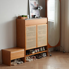 Elegant Cherry Wood & Rattan Stool with Natural Marble Seat fyx-851