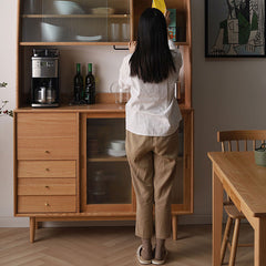 Elegant Natural Cherry and Beech Wood Cabinet with Glass and Copper Accents fyx-859