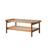 Rectangular Coffee Table with Glass Top and Stylish Rattan -Japanese Wooden Aesthetic for all roomsfyx-869