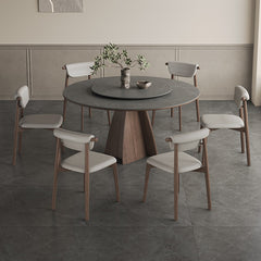 Modern Round Ash Wood Dining Table Durable Ceramic Top & Pedestal with Lazy Susan for 6 hagst-1673