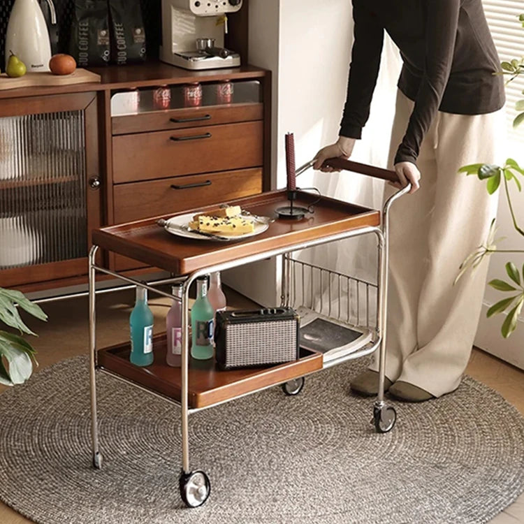 Elegant Cherry Wood and Stainless Steel Serving Cart – Perfect for Home Entertaining and Stylish Storage hby-4602