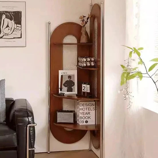 Elegant Cherry Wood and Glass Corner Storage Rack - Stylish Multi-Functional Shelving Unit for Home Decor hby-4603