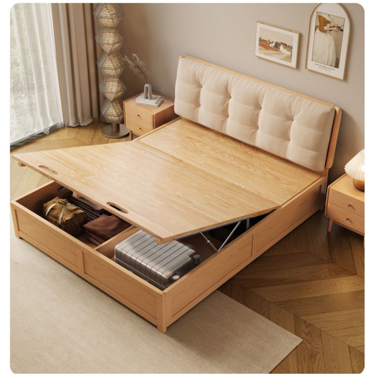 Modern California King Size Bed with Oak Wood Frame and Scratch-Resistant Fabric Headboard hbzwg-632 Modern California King Size Bed with Oak Wood Frame and Scratch-Resistant Fabric Headboard hbzwg-632